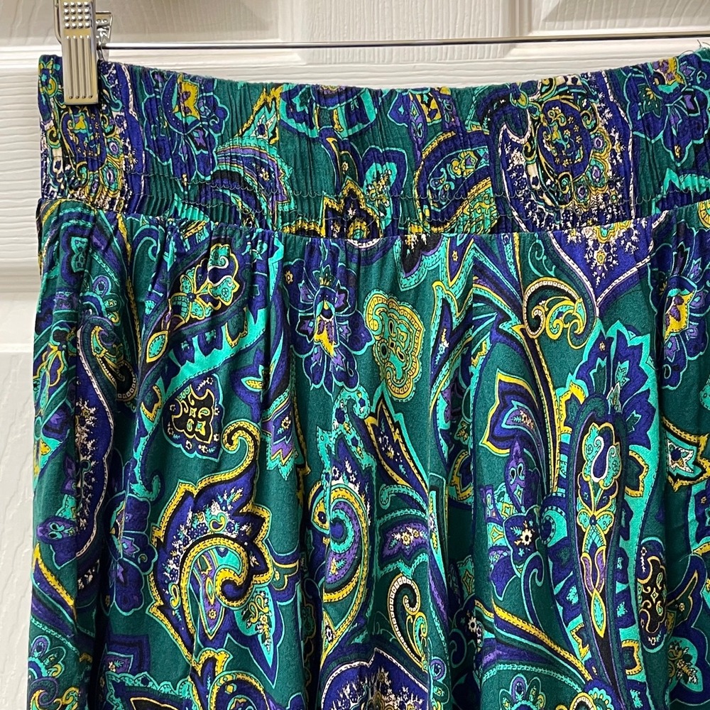 Vintage Elastic Waist Teal Paisley Tiered Pleated Full Maxi Skirt Size 12